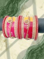 রাজওয়াড়ি ব্রাইডাল চুড়া সেট (রানি পিংক ও হলুদ) | Kundan Bridal Chura