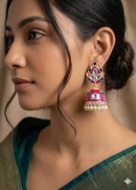 Traditional Kundan & Meenakari Jhumka Earrings with Pearl Drops - Image 2