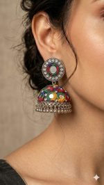 Handcrafted Multicolor Mirror-Work Embroidered Jhumka Earrings