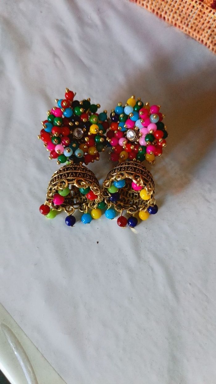 Stone Studded Multicolor & Silver Oxidised Jhumka Earrings - Image 2