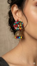 Stone Studded Multicolor & Silver Oxidised Jhumka Earrings