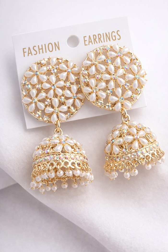 Floral Pearl Jhumka Earrings - Image 2