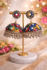 Handcrafted Multicolor Mirror-Work Embroidered Jhumka Earrings - Image 2